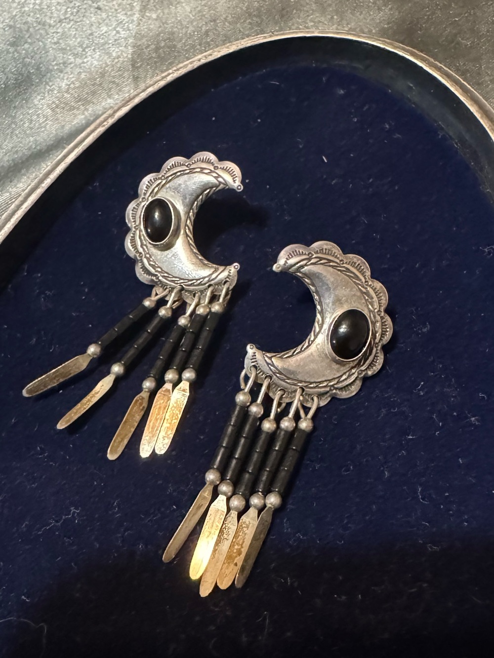 Silver Crescent Black Bead Fringe Earrings - Women Jewelry